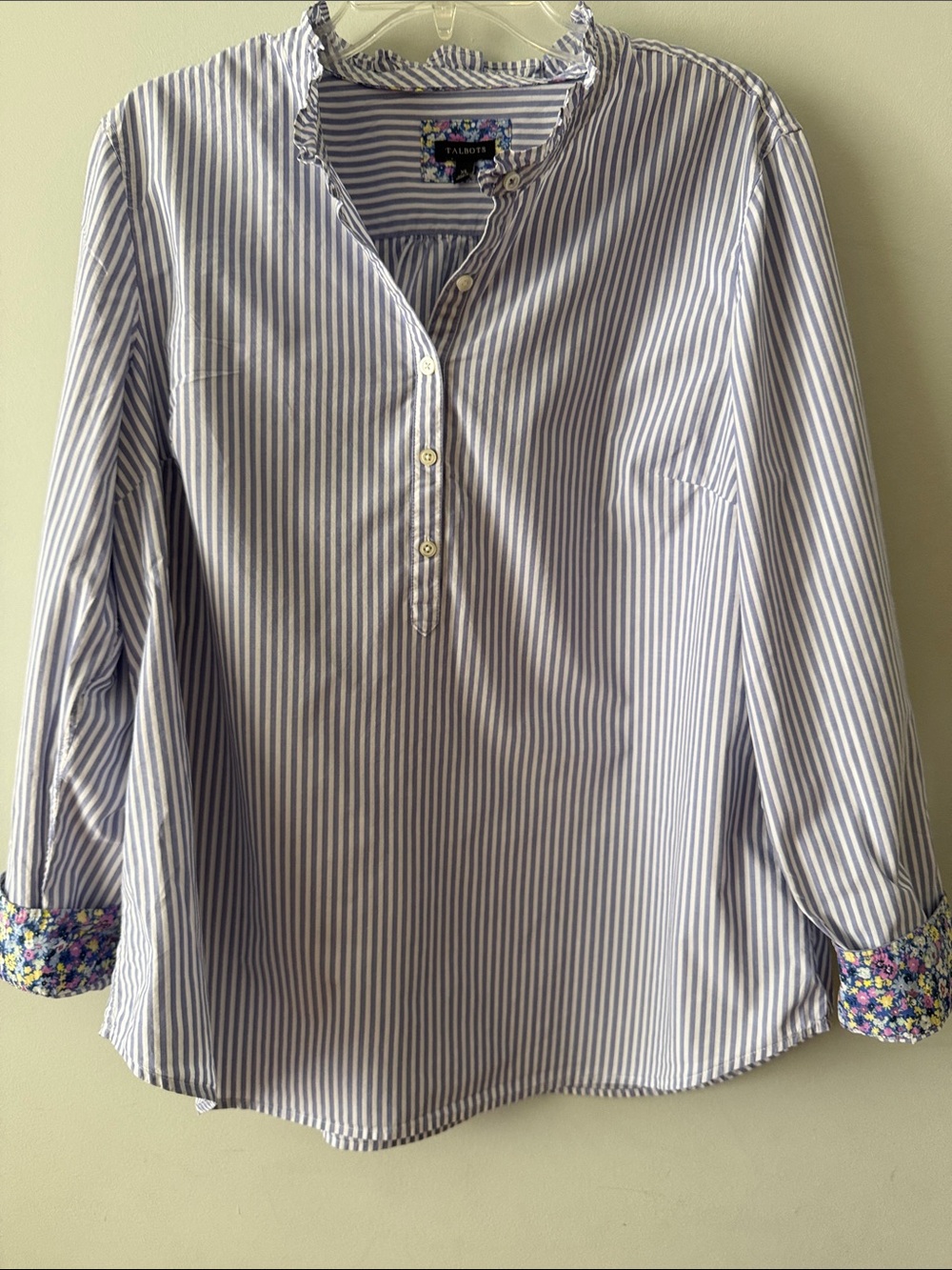 Talbots Blue & White Striped Womens' Button-Down Popover Shirt with Floral Cuffs
